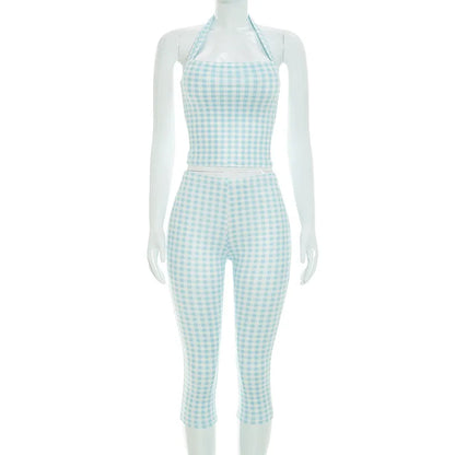 Women's Backless Halter High Waist Two Piece Set Plaid - Detail View 8