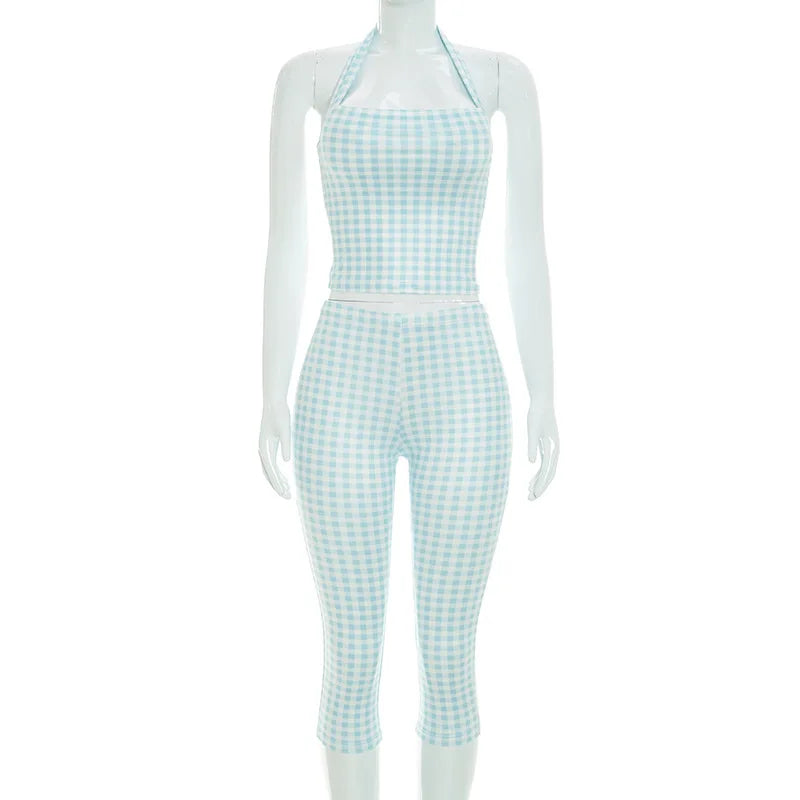 Women's Backless Halter High Waist Two Piece Set Plaid - Detail View 8