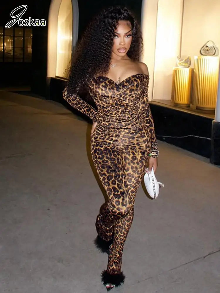 Women's Leopard Print Long Sleeve High Waist Two Piece Set Leopard Print – Front View