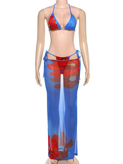 Women's Mesh Halter Maxi Swimwear Printed Three-piece Bikini Set