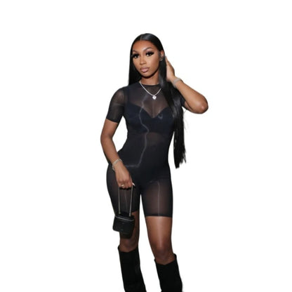 Women's Mesh Short Sleeve Bodycon Romper Blue – Detail View