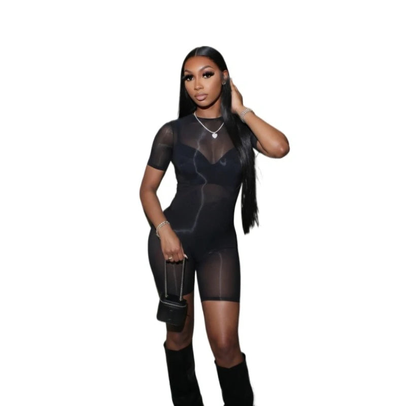 Women's Mesh Short Sleeve Bodycon Romper Blue – Detail View