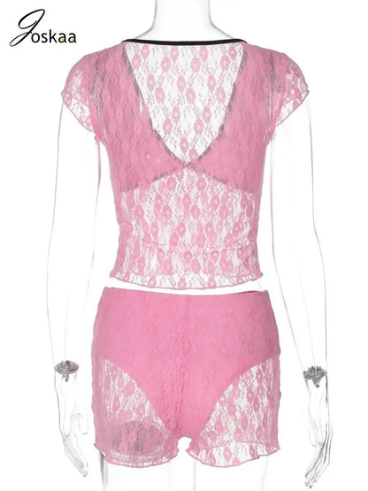 Wholesale Women's Lace Mesh Crop Two Piece Set Pink – Detail View