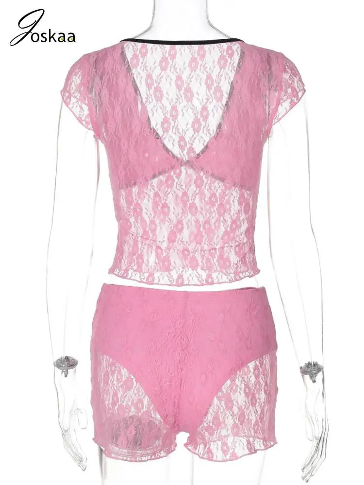 Wholesale Women's Lace Mesh Crop Two Piece Set Pink – Detail View