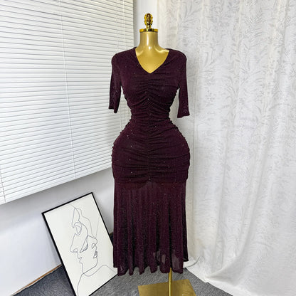 Women's Mesh Sequin Ruched V-neck Bodycon Dress - Detail View 9