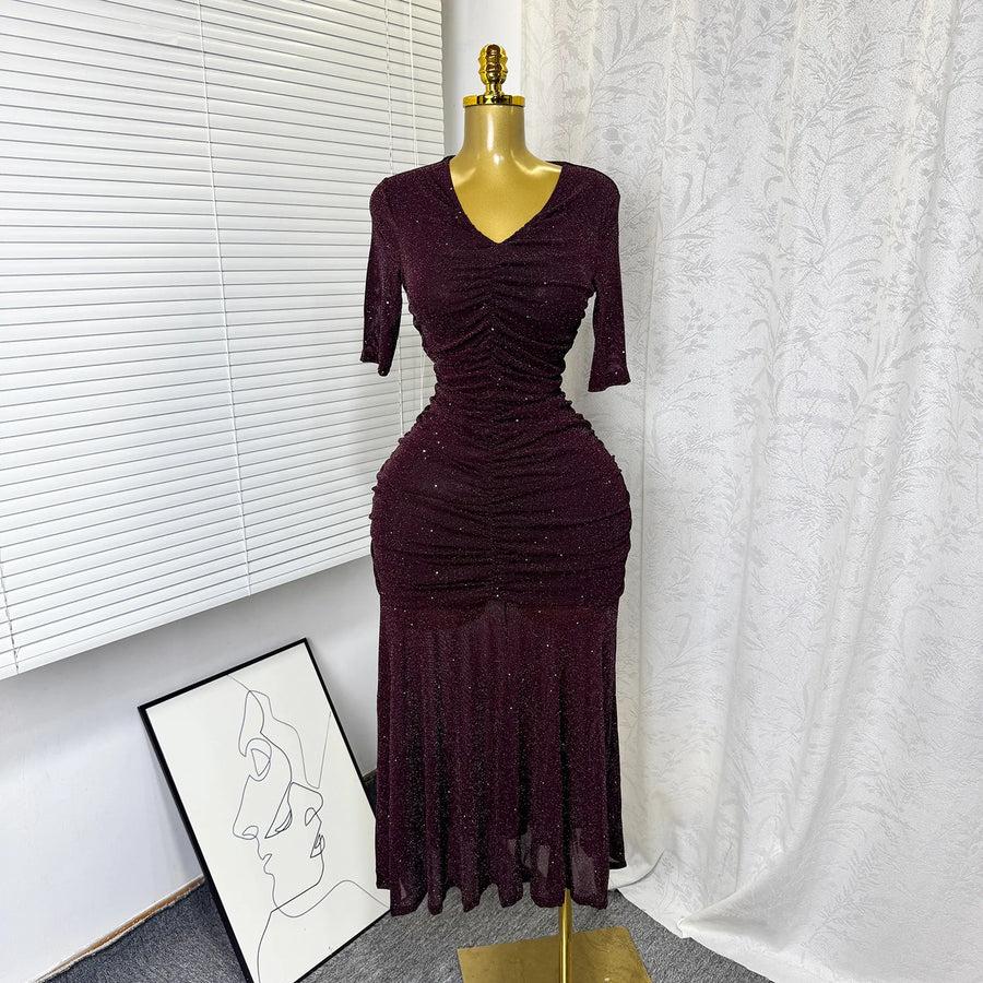 Women's Mesh Sequin Ruched V-neck Bodycon Dress - Detail View 9