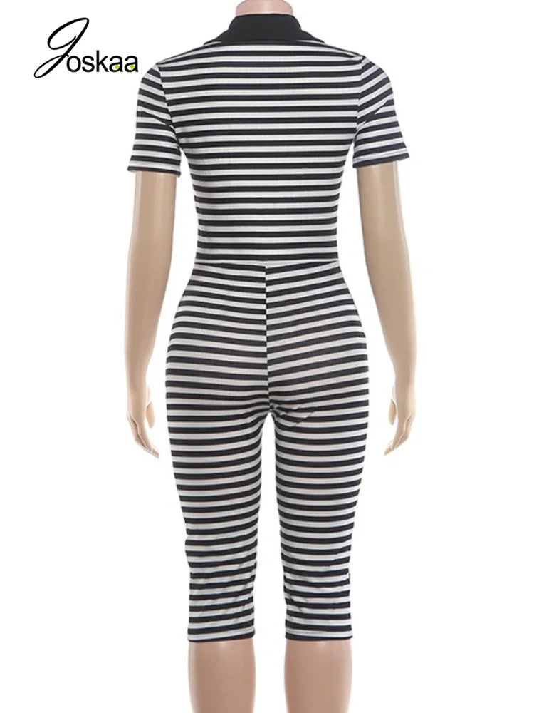 Women's Striped V-neck Bodycon Romper - Detail View
