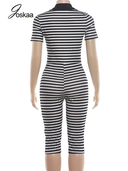 Women's Striped V-neck Bodycon Romper - Detail View