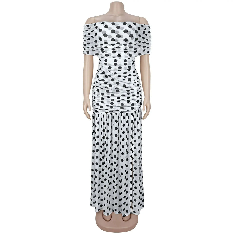 Women's Polka Dot Mesh Ruched Strapless Maxi Dress - Additional View 7