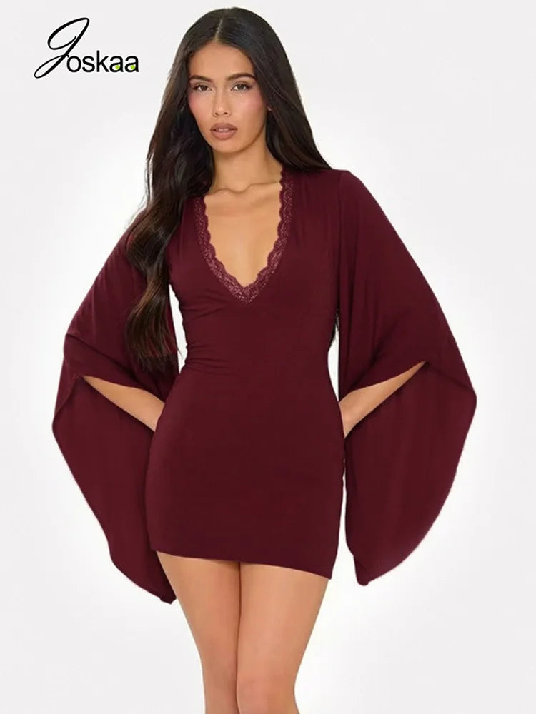 Women's Lace V-neck Long Sleeve Bodycon Mini Dress - Side View