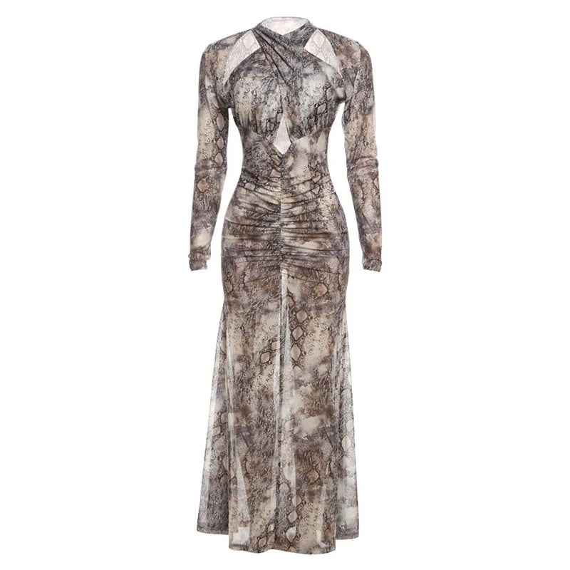 Women's Snake Print Ruched Cutout Maxi Dress