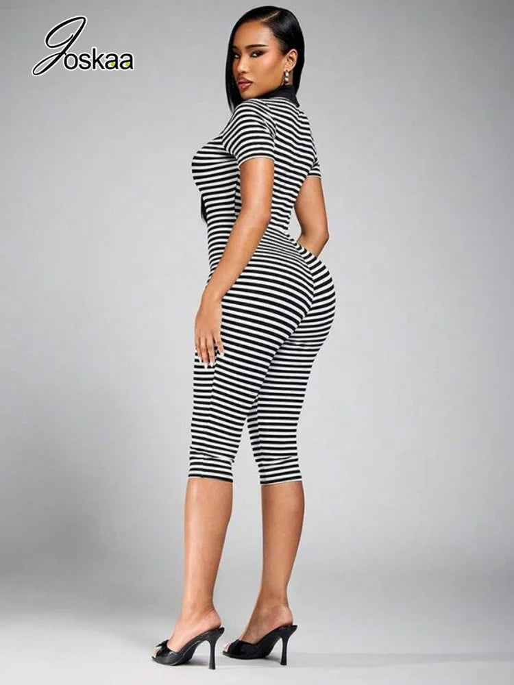 Women's Striped V-neck Bodycon Romper - Side View