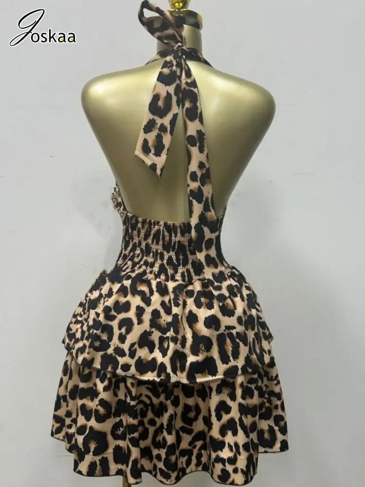 Women's Leopard Print Backless Halter Mini Dress Leopard Print – Back View