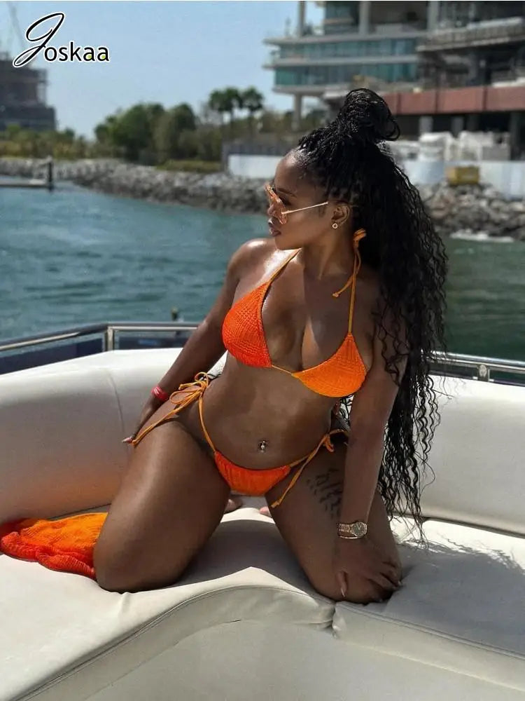 Women's Mesh Swimwear Gradient 3-piece Bikini Set Orangered – Side View