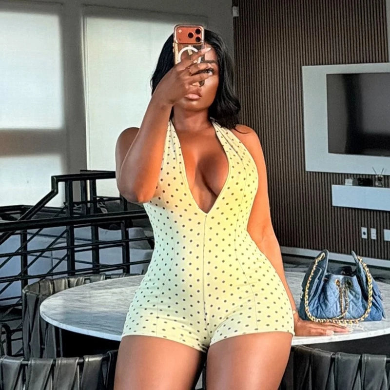 Women's Polka Dot Backless V-neck Halter Romper - Detail View 9