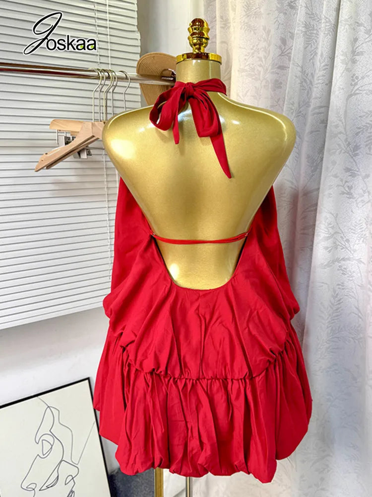 Women's Backless Halter Sleeveless Mini Dress Red – Detail View