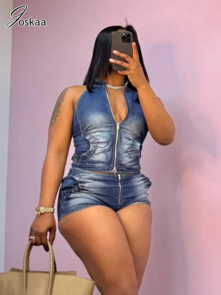 Wholesale Women's Denim Crop Zip Two Piece Set – Women's Fashion Wholesale – Front View