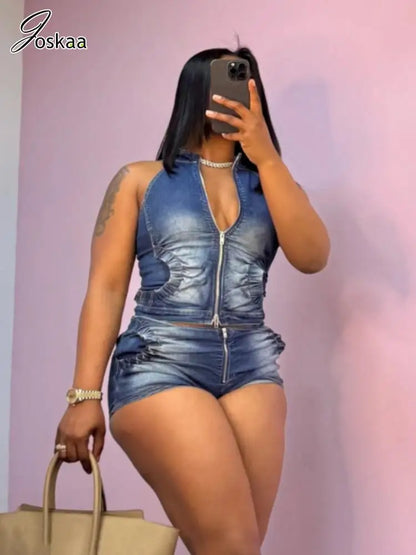 Wholesale Women's Denim Crop Zip Two Piece Set – Women's Fashion Wholesale – Front View