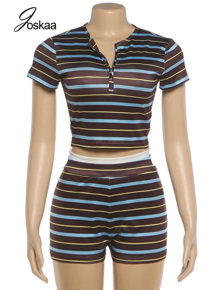 Women's Stripe Short Sleeve Crop Two Piece Set Coffee – Back View