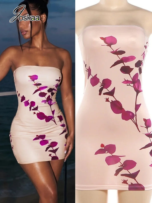 Women's Floral Print Backless Strapless Sleeveless Mini Dress - Women's Fashion Wholesale - Front View