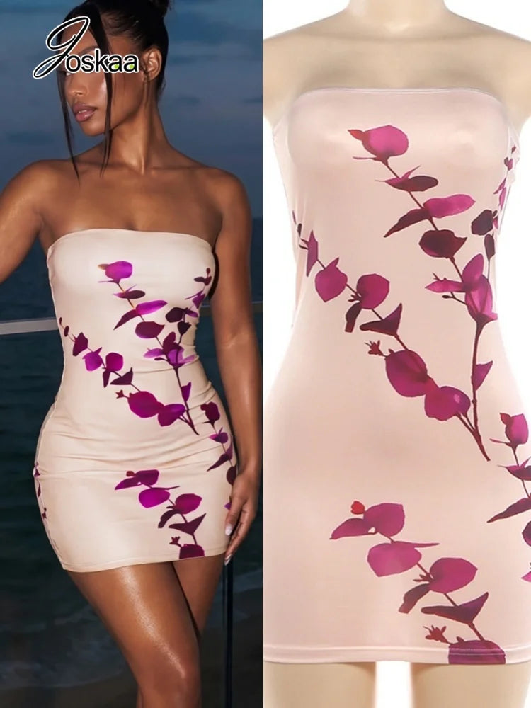 Women's Floral Print Backless Strapless Sleeveless Mini Dress - Women's Fashion Wholesale - Front View