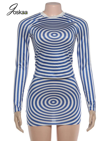 Women's Stripe Long Sleeve Crop Two Piece Set Blue – Back View