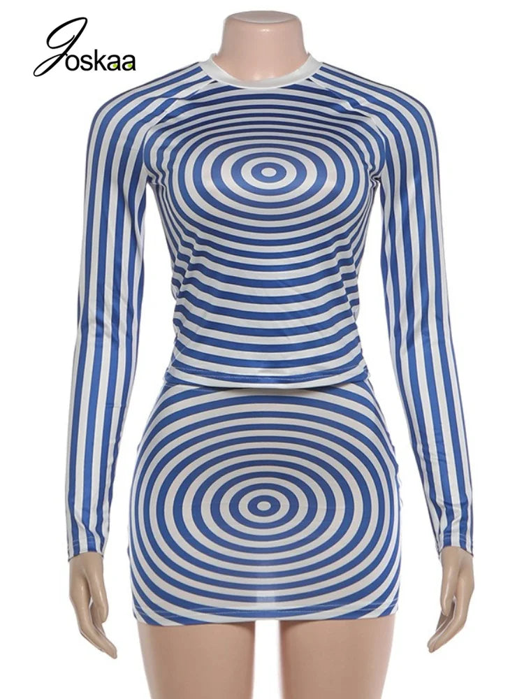Women's Stripe Long Sleeve Crop Two Piece Set Blue – Back View