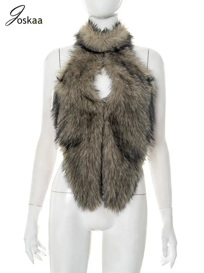Women's Backless Cutout Halter Faux Fur Slit Top Brown – Back View