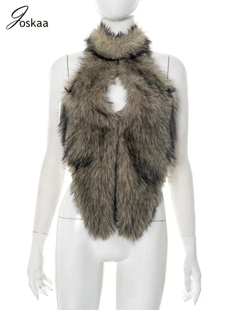 Women's Backless Cutout Halter Faux Fur Slit Top Brown – Back View