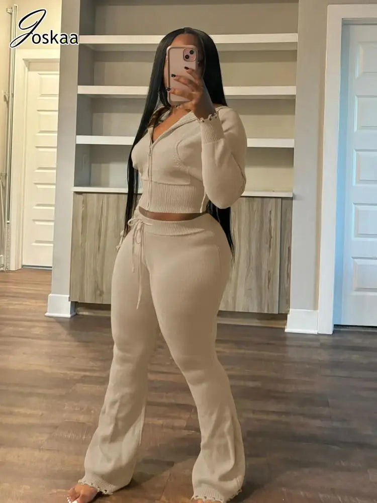 Women's Knit Long Sleeve Ribbed Zip Hooded Two Piece Set Khaki – Back View