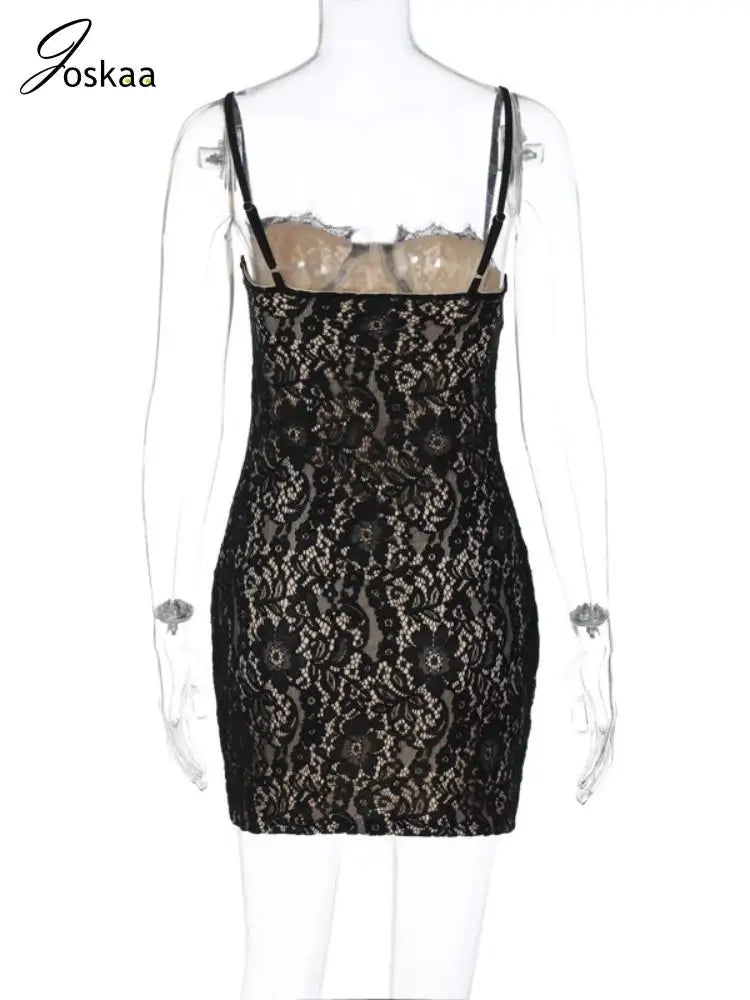 Women's Lace Double Deck Spaghetti Mini Dress Black – Detail View