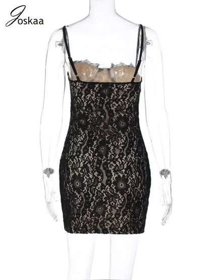 Women's Lace Double Deck Spaghetti Mini Dress Black – Detail View