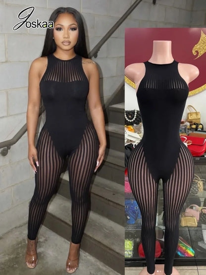 Women's Stripe Mesh Sleeveless Bodycon Romper – Women's Fashion Wholesale – Front View