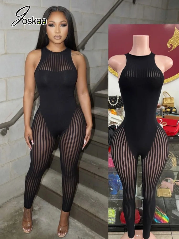 Women's Stripe Mesh Sleeveless Bodycon Romper – Women's Fashion Wholesale – Front View