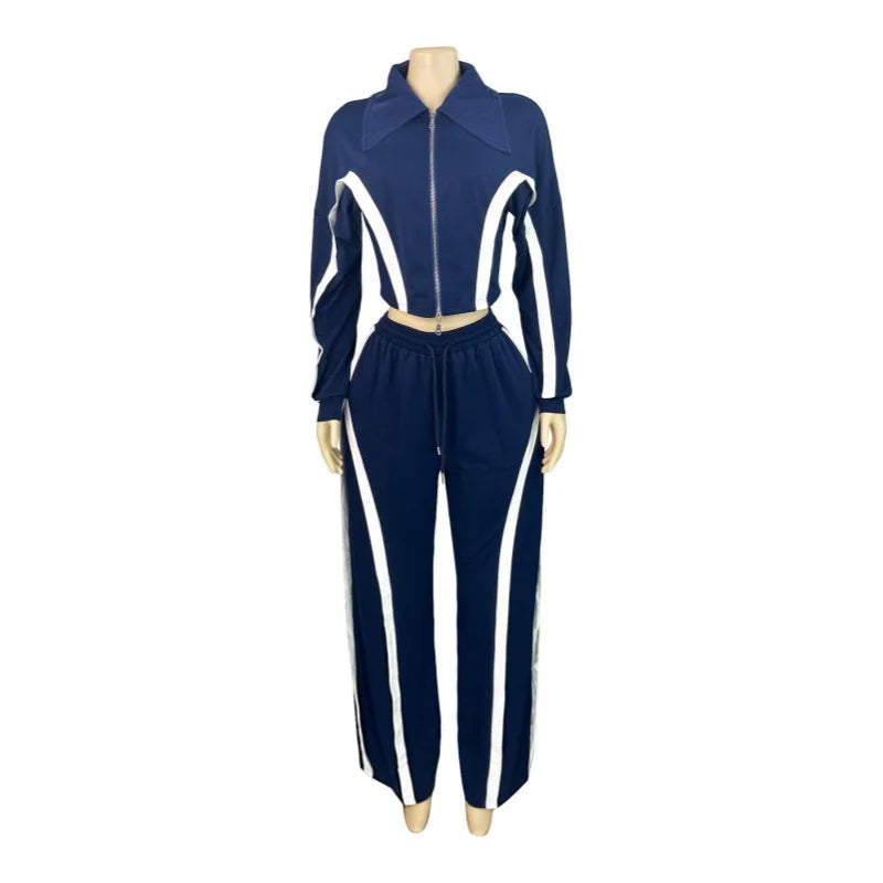 Women's Stripe Crop Flare Zip Wide Leg Two Piece Set