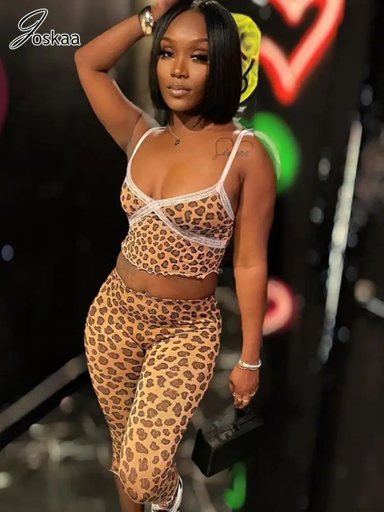 Women's Leopard Print Lace Crop Two Piece Set – Women's Fashion Wholesale – Front View