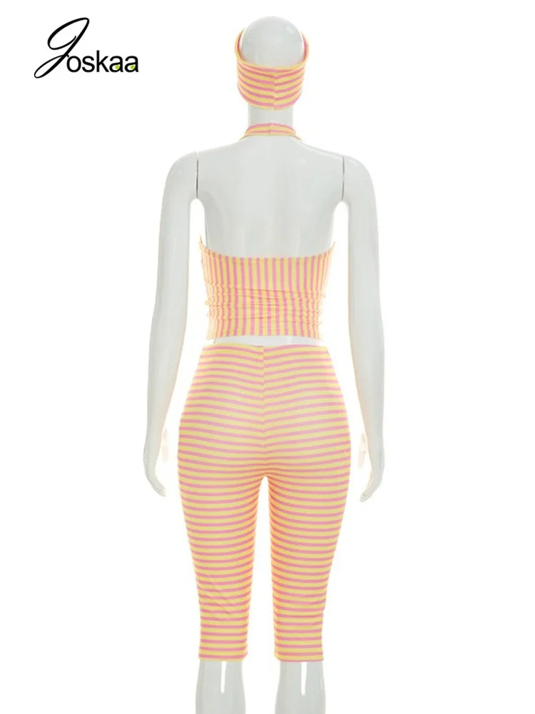 Women's Striped Backless Halter High Waist Two Piece Set - Detail View