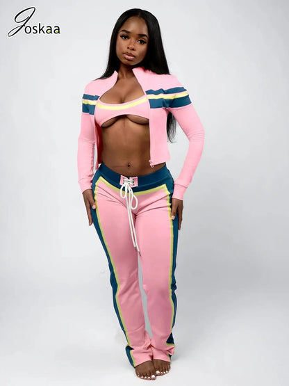 Women's Long Sleeve Sporty Patchwork Top Two Piece Set Black – Side View