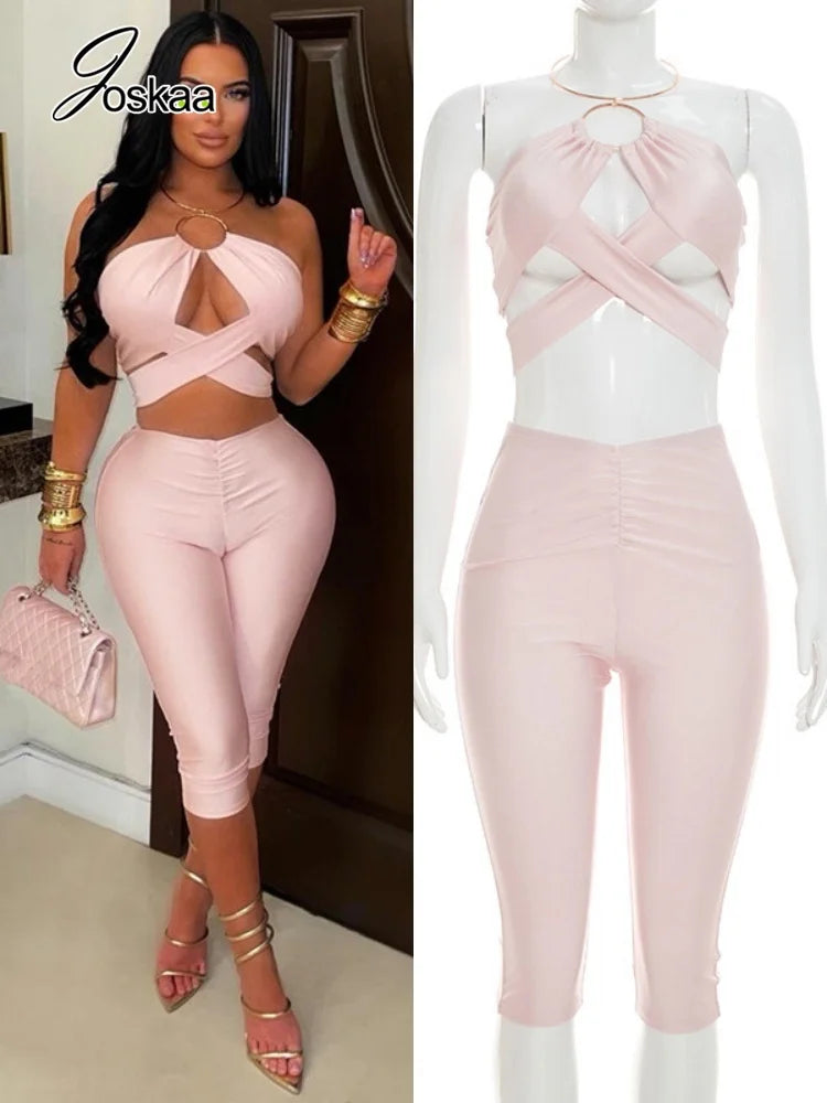 Women's Ruched Cutout Halter Two Piece Set - Women's Fashion Wholesale - Front View