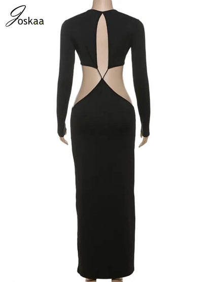 Wholesale Women's Cutout Long Sleeve Maxi Dress Black – Detail View