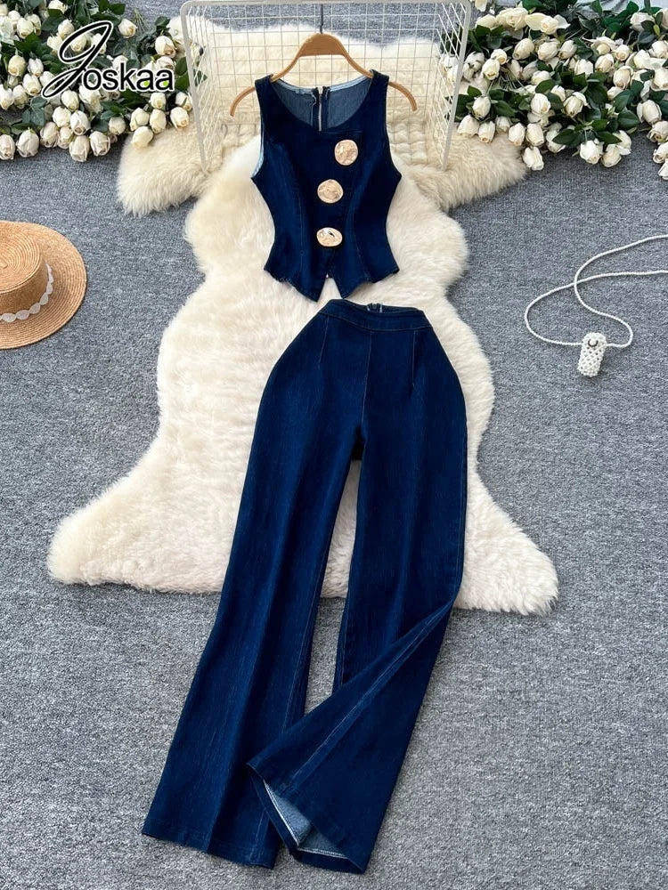 Women's Denim Crop Flare Zip Wide Leg Two Piece Set 173 – Side View