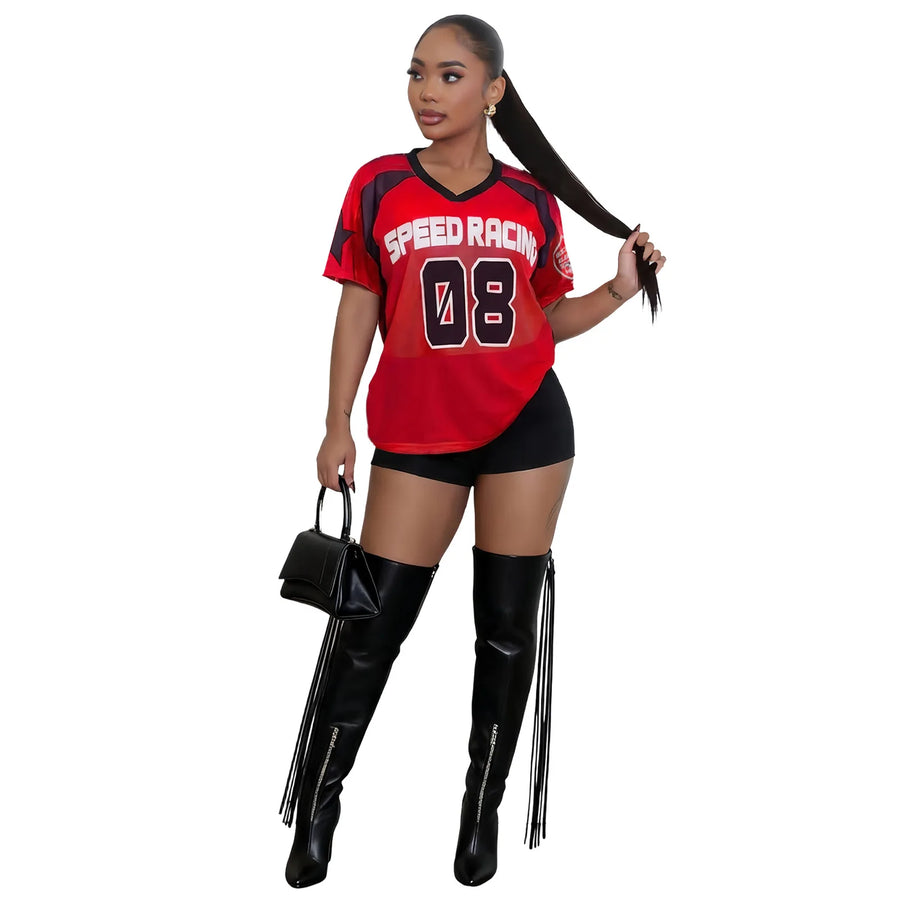 Joskaa Mesh Short Sleeve Top Letter Print Oversized - top image 8