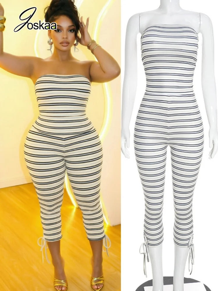 Women's Striped Lace Strapless Two Piece Set - Women's Fashion Wholesale - Front View