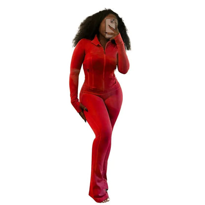 Women's Long Sleeve Flare Zip Two Piece Set