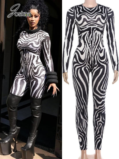 Women's Zebra Print Zip Up Long Sleeve Bodycon Romper - Women's Fashion Wholesale - Front View