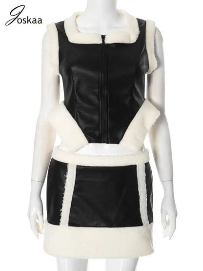 Women's Faux Leather Mini Zip Two Piece Set Wine Red – Back View