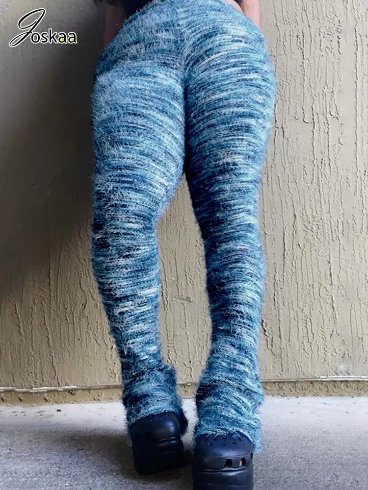 Wholesale Women's Stripe Knit Flare Ribbed Pants Grayish Blue – Side View