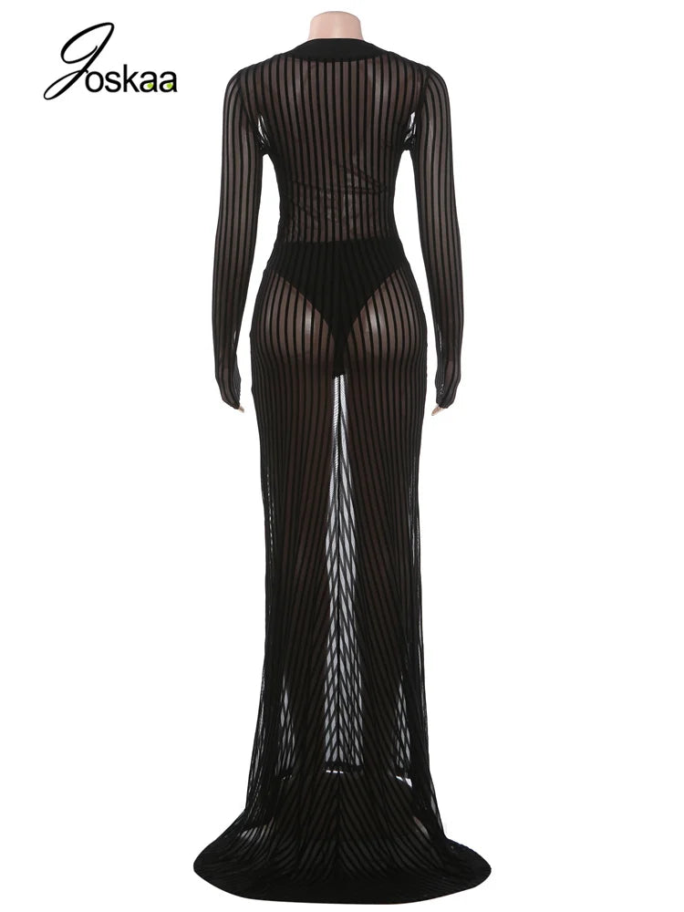 Joskaa Stripe Mesh Long Sleeve Bodycon Maxi Dress - maxi dress image 5