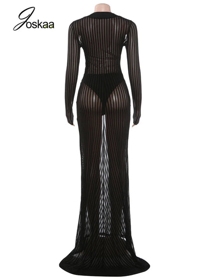 Joskaa Stripe Mesh Long Sleeve Bodycon Maxi Dress - maxi dress image 5