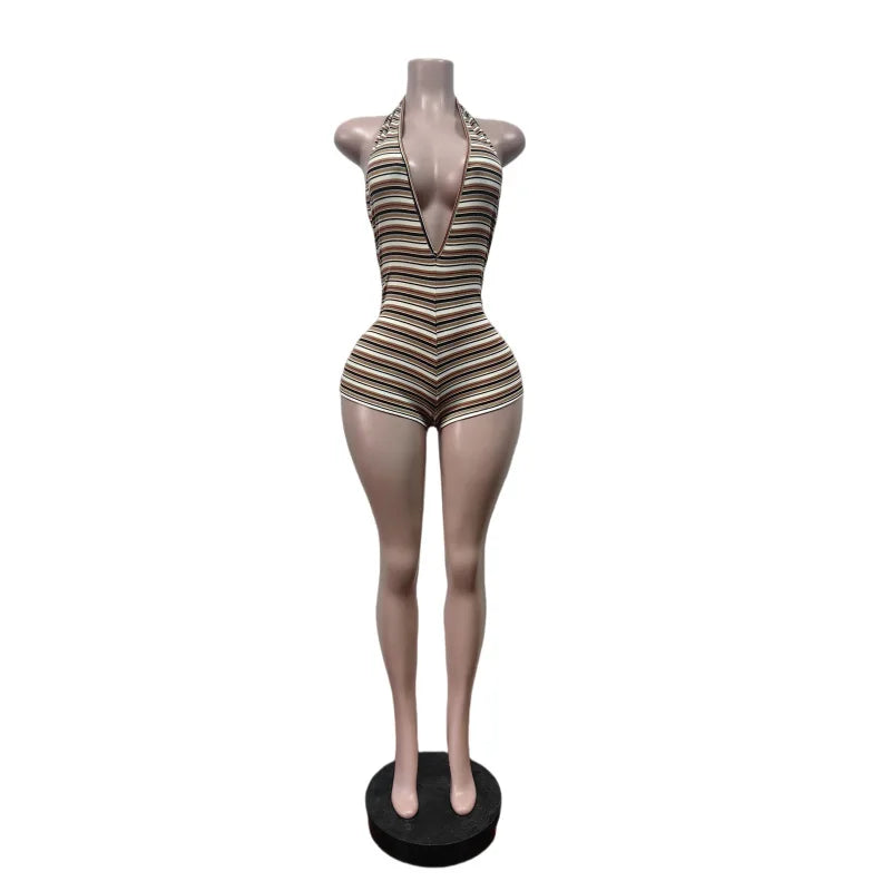 Women's Striped Backless V-neck Halter Romper - Additional View 7